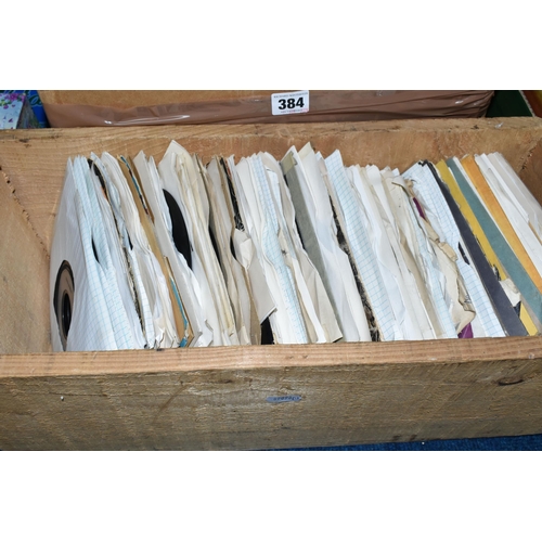 384 - TWO BOXES OF SINGLE 45RPM VINYL RECORDS, approximately three hundred single records, artists include... 