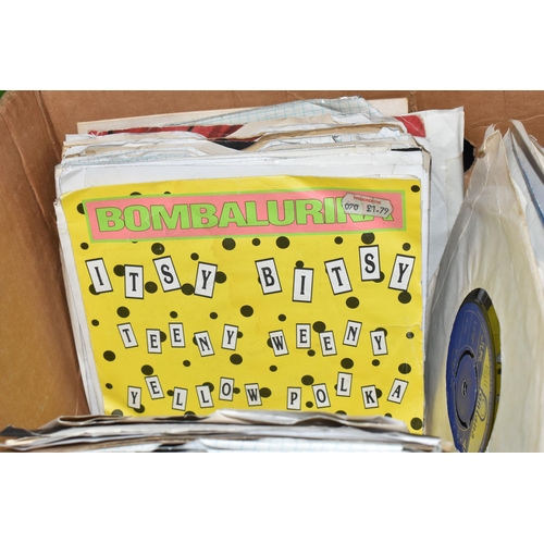 384 - TWO BOXES OF SINGLE 45RPM VINYL RECORDS, approximately three hundred single records, artists include... 