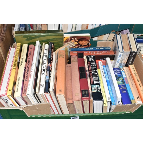 385 - SIX BOXES OF BOOKS, comprising approximately one hundred and fifty books, subjects include cookery, ... 