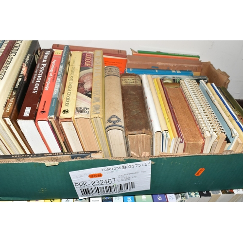 385 - SIX BOXES OF BOOKS, comprising approximately one hundred and fifty books, subjects include cookery, ... 