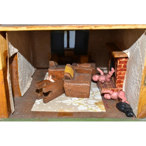 386 - A SCRATCHBUILT SMALL SCALE WOODEN DOLLS HOUSE, c.1950s, modelled as a half-timbered house, front ope... 