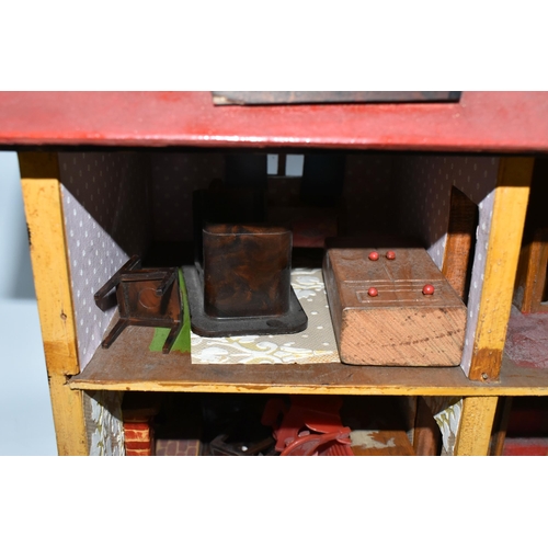 386 - A SCRATCHBUILT SMALL SCALE WOODEN DOLLS HOUSE, c.1950s, modelled as a half-timbered house, front ope... 