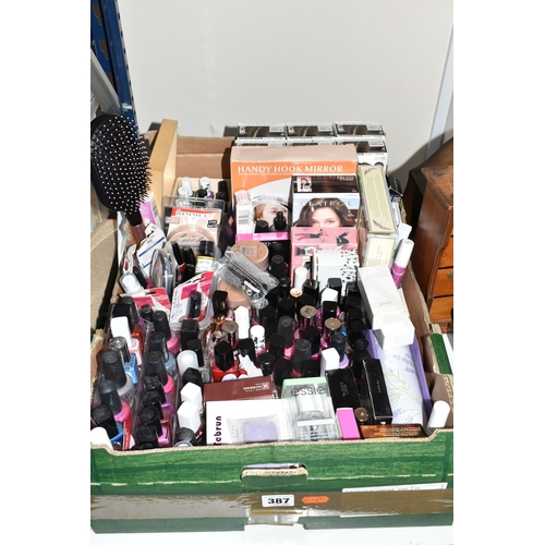 387 - A BOX OF COSMETICS, to include a collection of nail varnish, brands to include Sally Hansen, Barry M... 