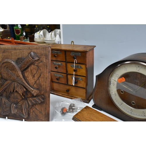 388 - A GROUP OF CLOCKS AND TREEN, comprising two wooden cased mantel clocks, a seven drawer spice rack, h... 