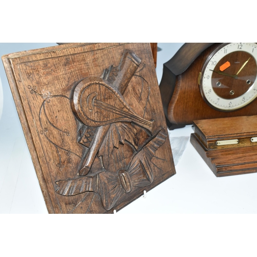 388 - A GROUP OF CLOCKS AND TREEN, comprising two wooden cased mantel clocks, a seven drawer spice rack, h... 