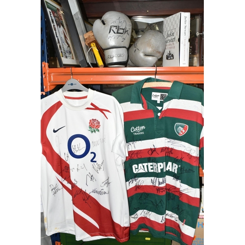 395 - A GROUP OF SPORTING ITEMS, SOME SIGNED, to include a signed Leicester Tigers rugby shirt, a signed E... 