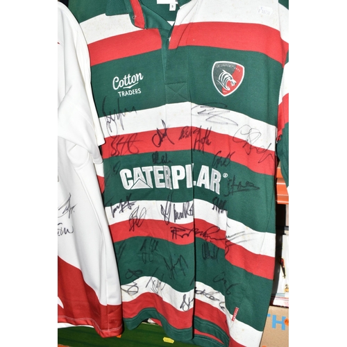 395 - A GROUP OF SPORTING ITEMS, SOME SIGNED, to include a signed Leicester Tigers rugby shirt, a signed E... 