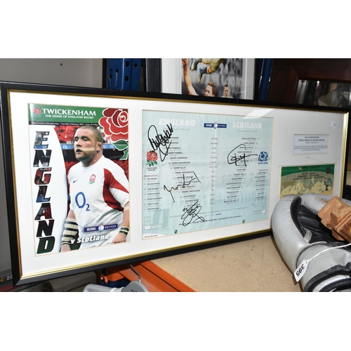 395 - A GROUP OF SPORTING ITEMS, SOME SIGNED, to include a signed Leicester Tigers rugby shirt, a signed E... 