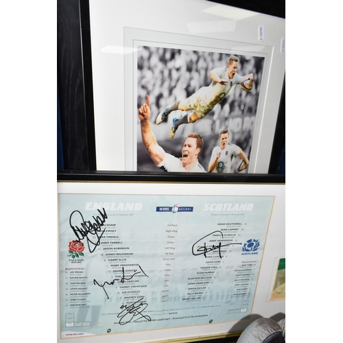 395 - A GROUP OF SPORTING ITEMS, SOME SIGNED, to include a signed Leicester Tigers rugby shirt, a signed E... 