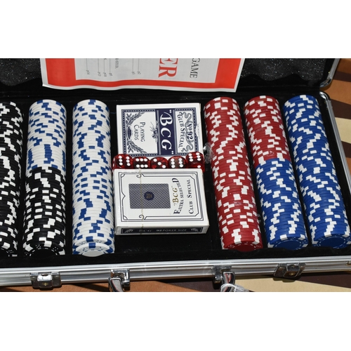 415 - CASED POKER AND BACKGAMMON SETS, comprising a large backgammon set, the case, which opens to reveal ... 