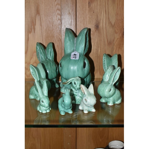 417 - A GROUP OF SYLVAC AND SIMILAR RABBIT FIGURES, in mint green, model numbers to include 1027, 1065, 99... 