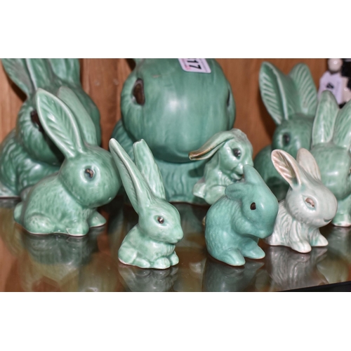 417 - A GROUP OF SYLVAC AND SIMILAR RABBIT FIGURES, in mint green, model numbers to include 1027, 1065, 99... 