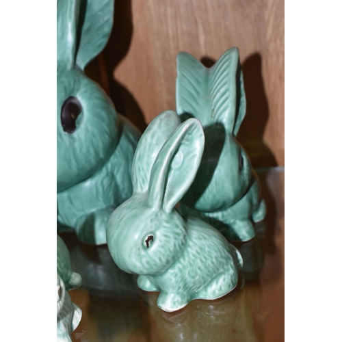 417 - A GROUP OF SYLVAC AND SIMILAR RABBIT FIGURES, in mint green, model numbers to include 1027, 1065, 99... 