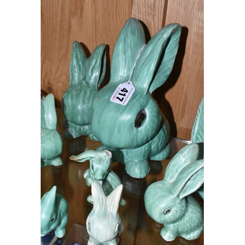 417 - A GROUP OF SYLVAC AND SIMILAR RABBIT FIGURES, in mint green, model numbers to include 1027, 1065, 99... 