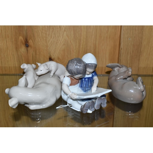 420 - A LLADRO 'PLAYFUL PIGLETS' FIGURE GROUP AND TWO ROYAL COPENHAGEN FIGURES, comprising a Royal Copenha... 