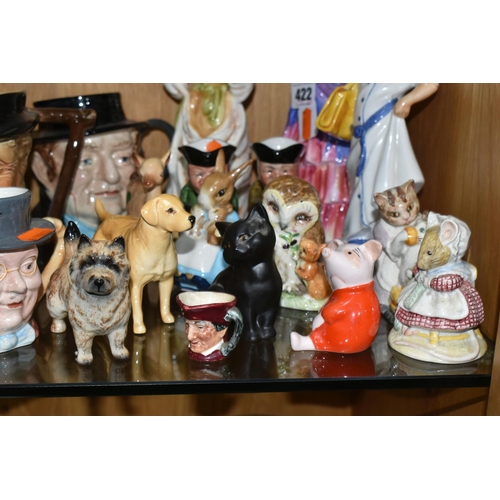 422 - A GROUP OF CERAMIC FIGURES AND CHARACTER JUGS, ETC, to include Royal Doulton figurines 'A Victorian ... 