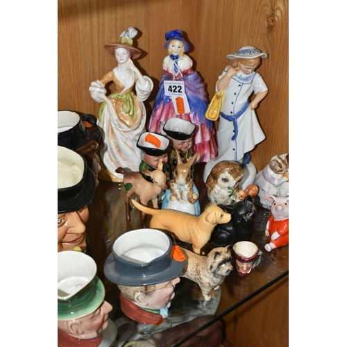 422 - A GROUP OF CERAMIC FIGURES AND CHARACTER JUGS, ETC, to include Royal Doulton figurines 'A Victorian ... 