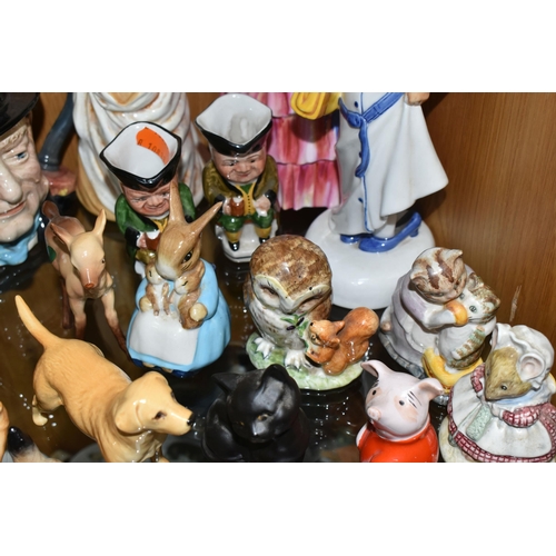 422 - A GROUP OF CERAMIC FIGURES AND CHARACTER JUGS, ETC, to include Royal Doulton figurines 'A Victorian ... 