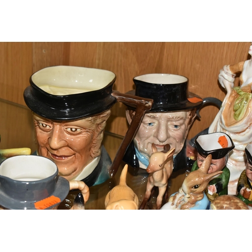 422 - A GROUP OF CERAMIC FIGURES AND CHARACTER JUGS, ETC, to include Royal Doulton figurines 'A Victorian ... 