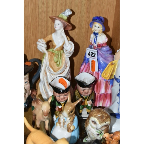 422 - A GROUP OF CERAMIC FIGURES AND CHARACTER JUGS, ETC, to include Royal Doulton figurines 'A Victorian ... 