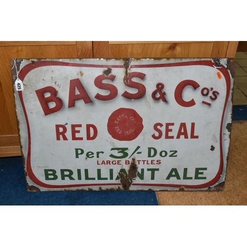425 - A WALL MOUNTED ENAMEL ADVERTISING SIGN, 'Bass & Co's Red Seal Per 3/- Dozen Large Bottle Bass Ale', ... 