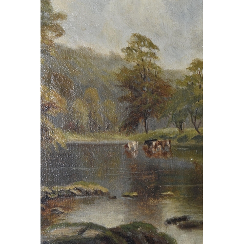 427 - J. WELLS (LATE 19TH / EARLY 20TH CENTURY) AN IMPRESSIONIST STYLE LANDSCAPE WITH RIVER, depicting cat... 