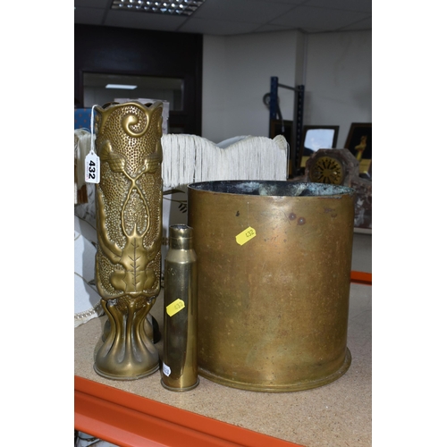 432 - A GROUP OF TRENCH ART, comprising a large German shell 'planter' marked 1915, diameter 21cm x height... 