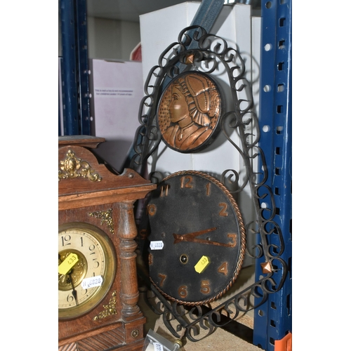 433 - THREE CLOCKS, comprising a large wooden mantel clock with pendulum and key, height 49cm, a smaller m... 