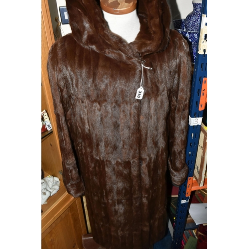 310 - A VINTAGE FUR COAT, chestnut coloured fur, mid - length coat with integral hood, approximate size 14... 