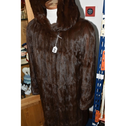 310 - A VINTAGE FUR COAT, chestnut coloured fur, mid - length coat with integral hood, approximate size 14... 