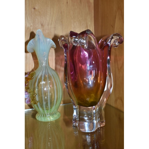 311 - A VICTORIAN VASELINE GLASS JUG, yellow swirled Uranium glass with applied pink and amber flowers, he... 