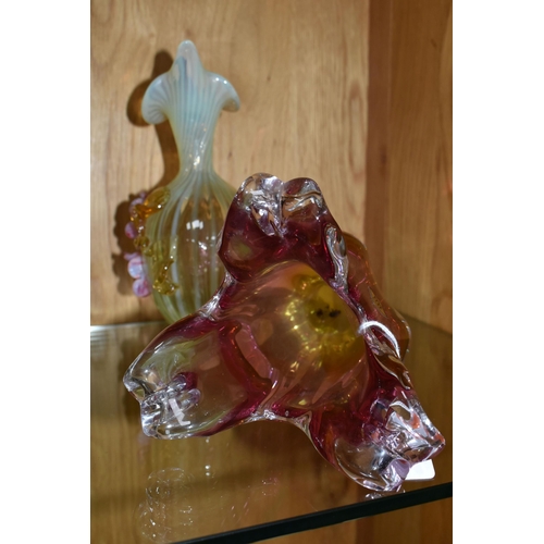 311 - A VICTORIAN VASELINE GLASS JUG, yellow swirled Uranium glass with applied pink and amber flowers, he... 