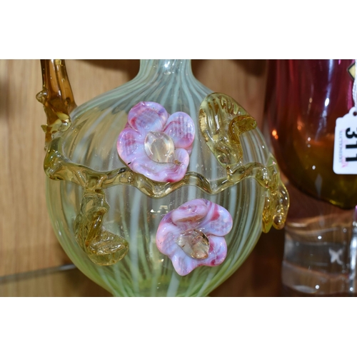 311 - A VICTORIAN VASELINE GLASS JUG, yellow swirled Uranium glass with applied pink and amber flowers, he... 