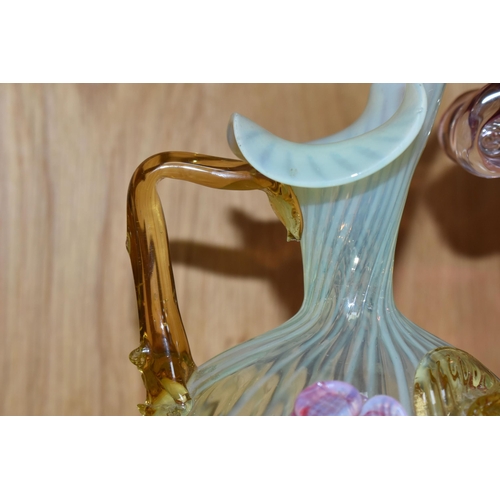 311 - A VICTORIAN VASELINE GLASS JUG, yellow swirled Uranium glass with applied pink and amber flowers, he... 