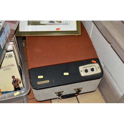 473 - TWO BOXES AND LOOSE RECORDS, to include retro Ferguson radio/ record player in carry case not tested... 