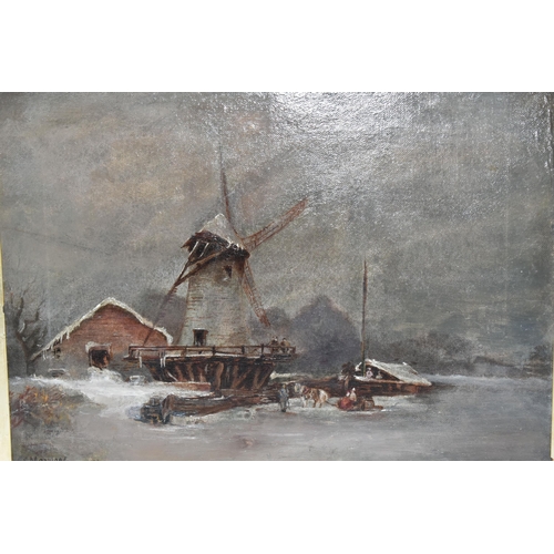 474 - A 19TH CENTURY DUTCH WINTER SCENE, depicting a horse and sleigh on a frozen river before a windmill,... 