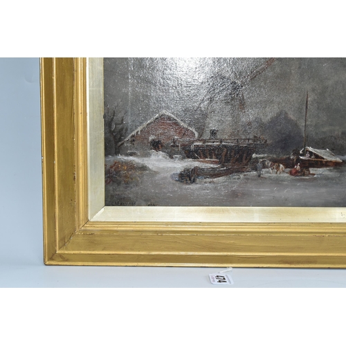 474 - A 19TH CENTURY DUTCH WINTER SCENE, depicting a horse and sleigh on a frozen river before a windmill,... 