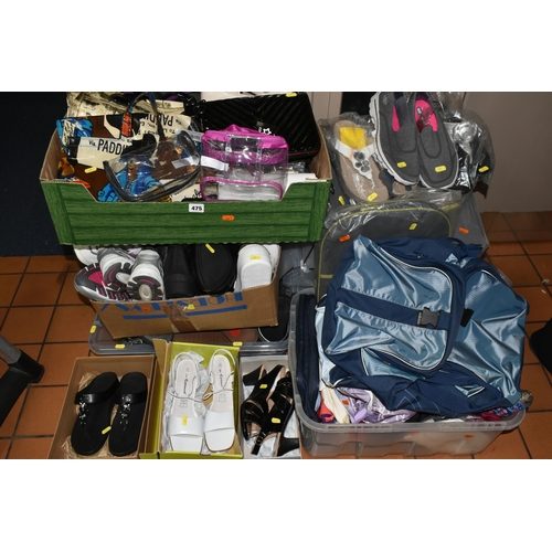 475 - FOUR BOXES AND LOOSE LADIES' SHOES AND BAGS, to include approximately six pairs of sandals/flipflops... 