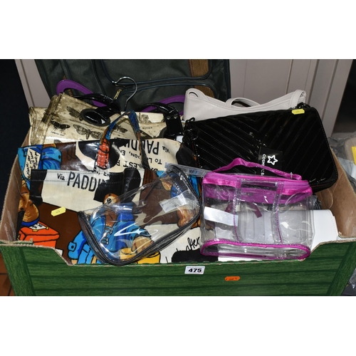 475 - FOUR BOXES AND LOOSE LADIES' SHOES AND BAGS, to include approximately six pairs of sandals/flipflops... 