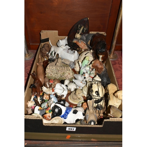 491 - THREE BOXES OF CERAMICS AND OTHER FIGURES, ETC, to include an Eastgate Pottery 'Fauna' vase, a small... 