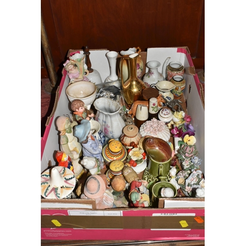 491 - THREE BOXES OF CERAMICS AND OTHER FIGURES, ETC, to include an Eastgate Pottery 'Fauna' vase, a small... 