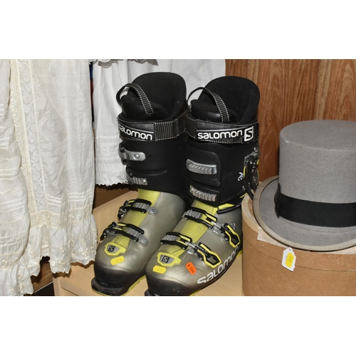 492 - A TOP HAT, SKI BOOTS AND BABIES' GOWNS, comprising a boxed grey top hat with black band, stamped to ... 