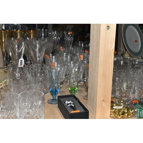 504 - A GROUP OF CRYSTAL AND OTHER GLASSWARES to include two sets of whisky tumblers in for single and dou... 