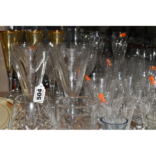 504 - A GROUP OF CRYSTAL AND OTHER GLASSWARES to include two sets of whisky tumblers in for single and dou... 