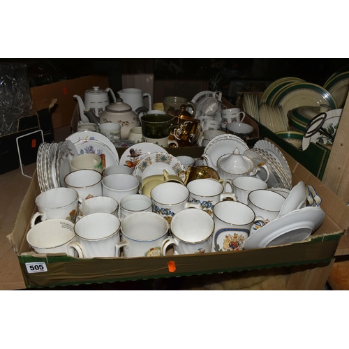 505 - FIVE BOXES OF MIXED CERAMIC KITCHENWARE to include a box of Booths Ribstone Ware comprising three tu... 