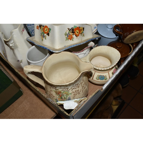 505 - FIVE BOXES OF MIXED CERAMIC KITCHENWARE to include a box of Booths Ribstone Ware comprising three tu... 