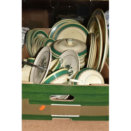 505 - FIVE BOXES OF MIXED CERAMIC KITCHENWARE to include a box of Booths Ribstone Ware comprising three tu... 