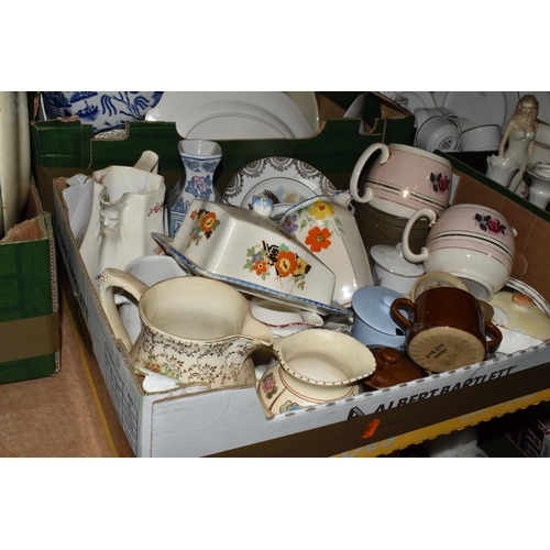 505 - FIVE BOXES OF MIXED CERAMIC KITCHENWARE to include a box of Booths Ribstone Ware comprising three tu... 