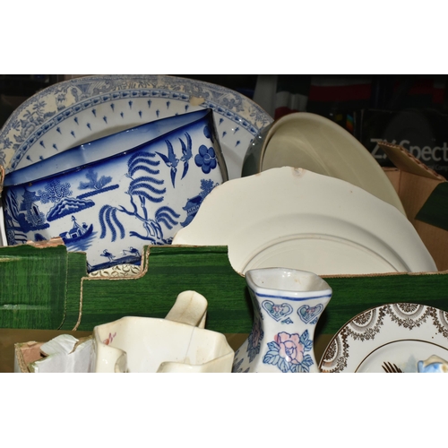 505 - FIVE BOXES OF MIXED CERAMIC KITCHENWARE to include a box of Booths Ribstone Ware comprising three tu... 