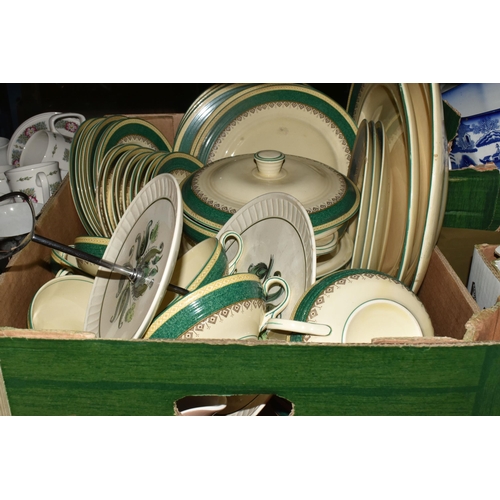 505 - FIVE BOXES OF MIXED CERAMIC KITCHENWARE to include a box of Booths Ribstone Ware comprising three tu... 